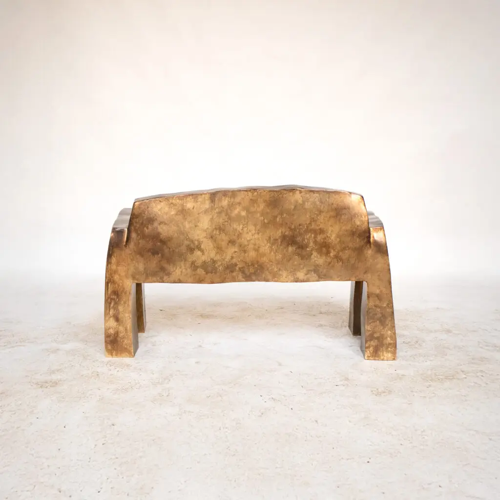 Patina detail Brass Bench by Nick Valentijn with hand-worked brass surface, 2025