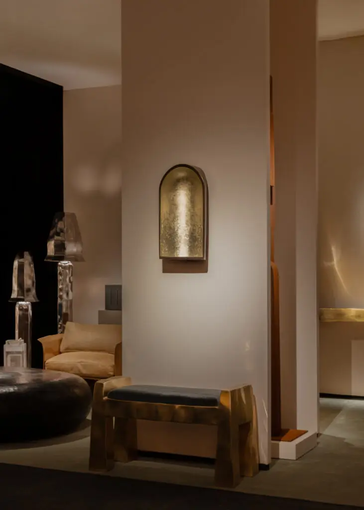 Presenatation PAD paris with St Vincents Bench with Cushion by Nick Valentijn in polished brass and Pierre Frey Teddy Mohair, presented by ST. VINCENTS at PAD Paris 2026