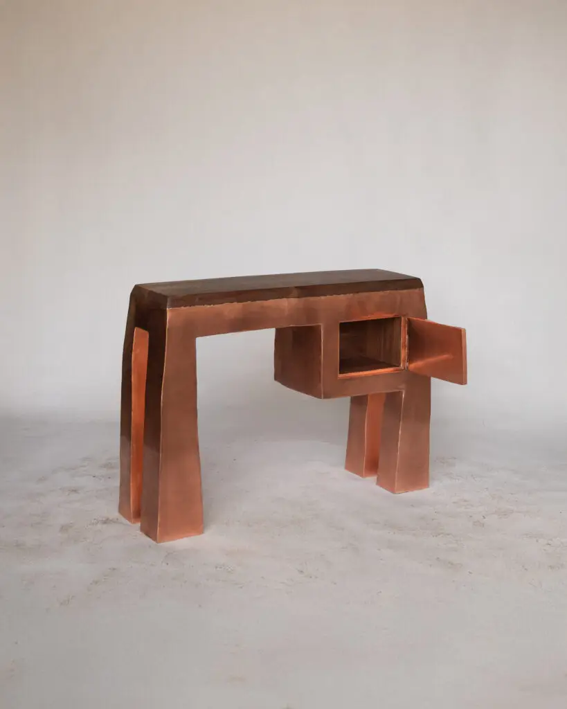 Console by Nick Valentijn with copper exterior, walnut top and walnut interior, 2025