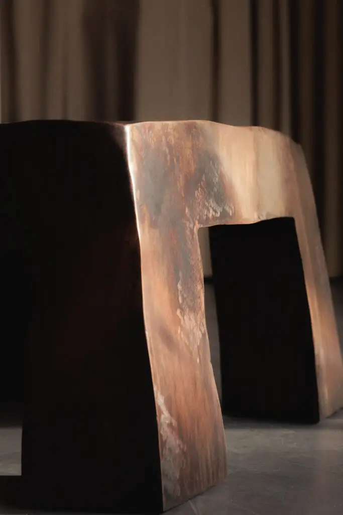 Detail of the patinated copper surface on the Copper Ottoman by Nick Valentijn