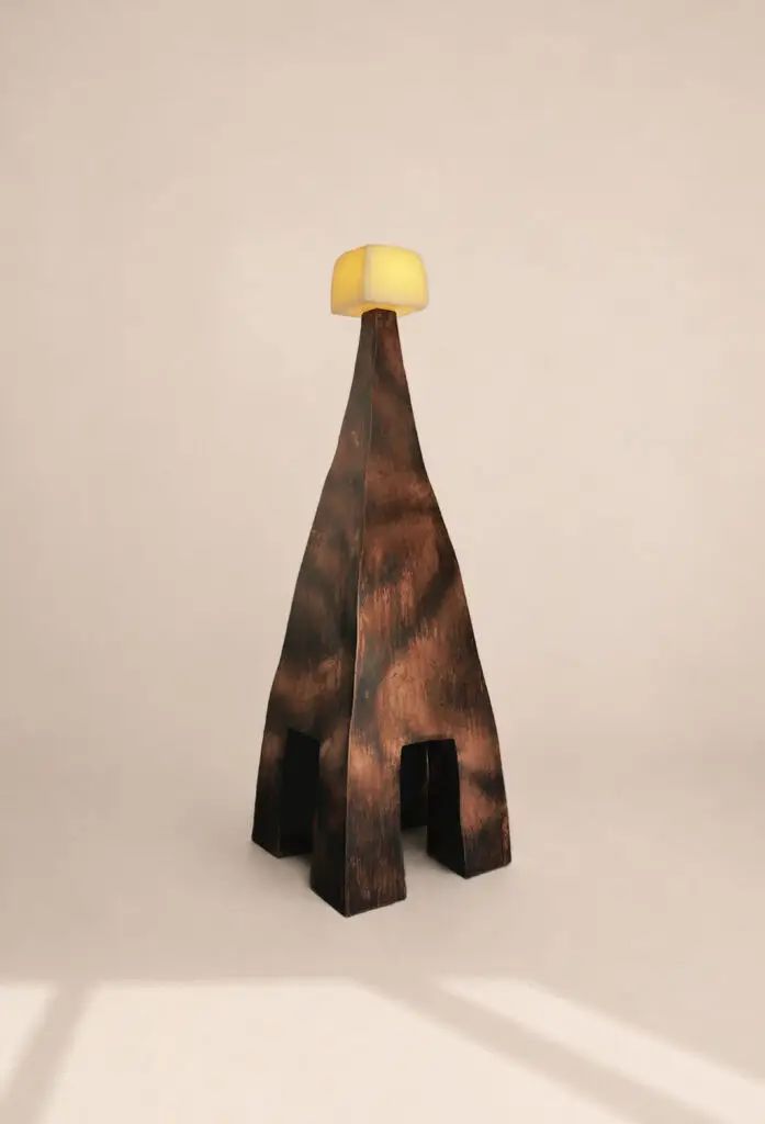 Standing Lamp by Nick Valentijn in patinated copper, bio-resin and wax, developed for MINE(RAL) with Studio Gameiro, Lisbon Design Week 2026