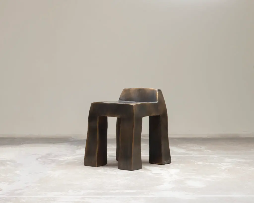 Patinated Brass Stool by Nick Valentijn with hand-worked brass surface, 2025