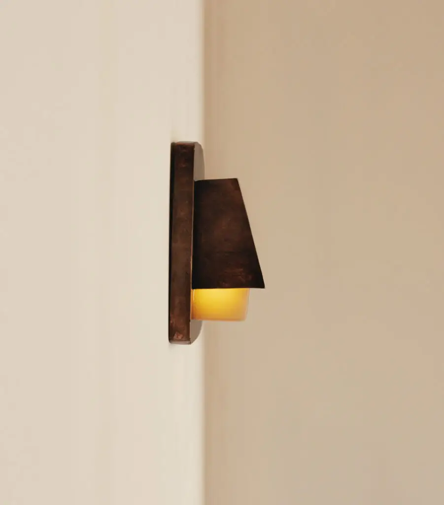 side view of the Wall Lamp by Nick Valentijn in patinated copper, developed for MINE(RAL) with Studio Gameiro, Lisbon Design Week 2026